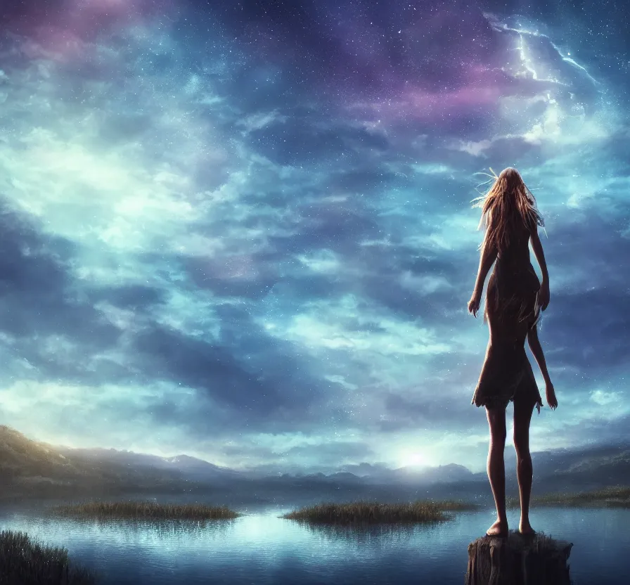 Image similar to girl in lake at night landscape with visible space sky, fantasy artwork, very beautiful scenery, hd, hdr, ue 5, ue 6, unreal engine 5, cinematic 4 k wallpaper, 8 k, ultra detailed, by popular digital artist,