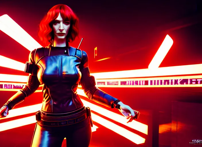 Image similar to filmstill christina hendricks cyberpunk 2 0 7 7, 1 0 0 mm lens, canon eos, red cinema camera, frontal view, dynamic pose, intricate, elegant, highly detailed, centered, redshift, octane, smooth, sharp focus, zeiss lens,