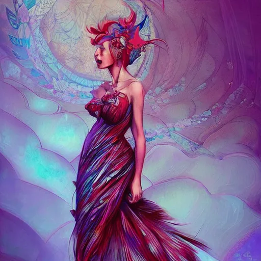 Image similar to a beautiful woman in a dress made of dreams, by android jones and ross tran, trending on artstation