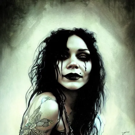 Image similar to beautiful portrait of vanessa hudgens as death from sandman, smiling, by cedric peyravernay, alphonse mucha, by jeremy mann, by lecouffe deharme, goth chic, soft lightning, eyeliner, punk rock, high detailed, 8 k