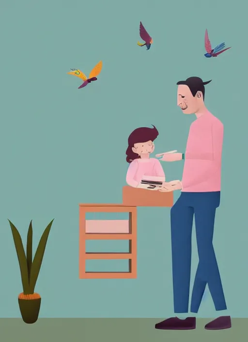 Prompt: father with child, reading a book in a minimalist room. maximalist plants and elaborate birds come out of the book. matte matte background in vibrant pastel tones. highly detailed. sharp focus. HD 8x