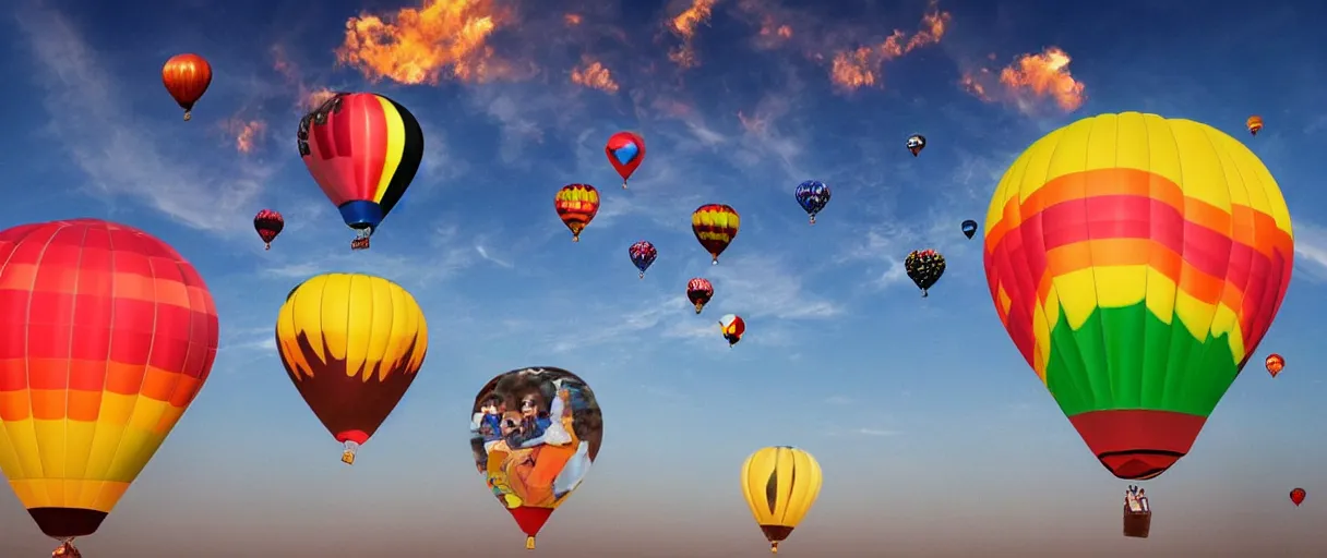 Prompt: joyful people are flying on colorful balloons, black hole on the sky, and they are moving into a fiery abyss in the sky, hyper realistic