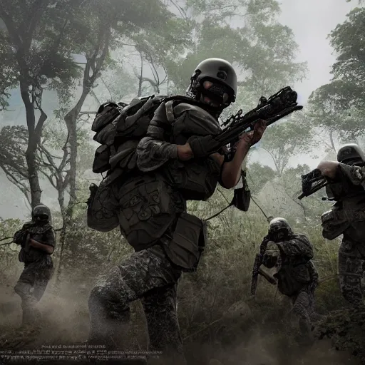 Prompt: Mercenary Special Forces soldiers in light grey uniforms with black armored vest and helmet launching an ambush attack on insurgents in the jungles of Tanoa, combat photography by Feng Zhu, highly detailed, excellent composition, cinematic concept art, dramatic lighting, trending on ArtStation