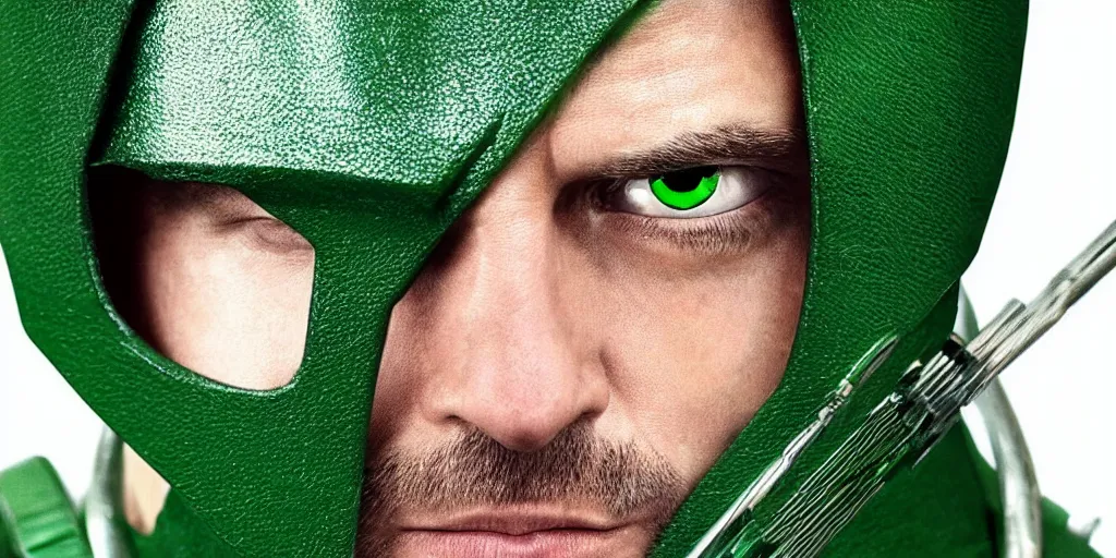 Prompt: Waya Steurbaut as the green arrow, by waya steurbaut entertainment, dark, intricate, highly detailed, smooth, artstation, high resolution film render 100k, photo realistic, epic, colourful close up shot