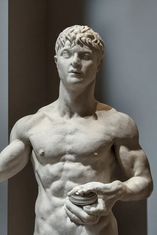 Prompt: marble sculpture of man in Adidas winter jacket, sportswear holding a marble bottle, intricate sculpture, chiseled muscles, godlike, museum photo