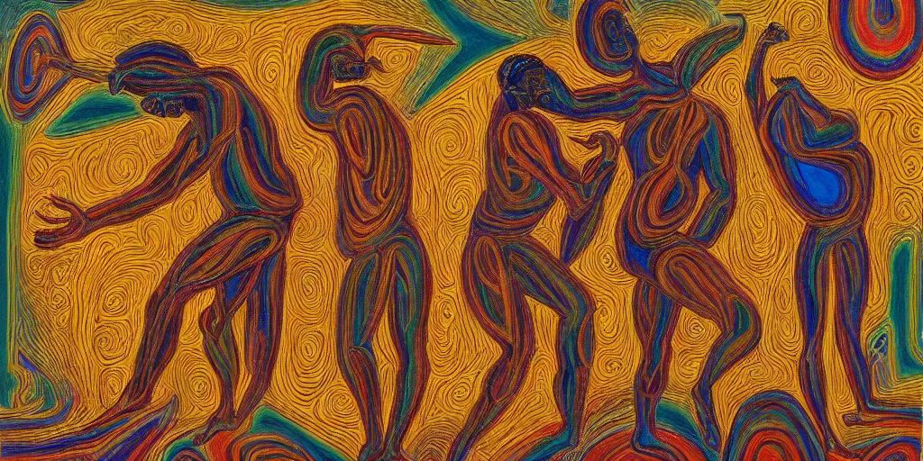 Prompt: an abstract spiritual landscape, portrait of a virile dark - skinned greek god dancing. 2 4 mm, photorealistic, muted color scheme, directed by mati klarwein