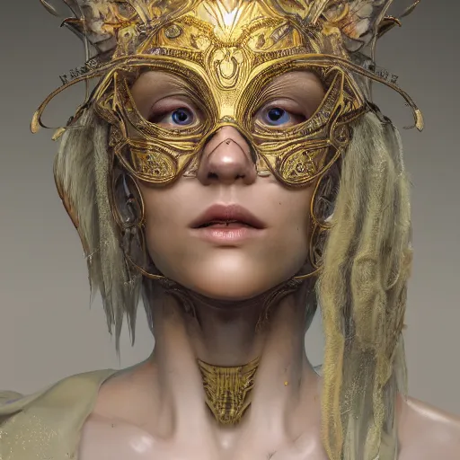 Image similar to Very very very very highly detailed epic photo of angelic face with venetian mask, intricate, dystopian, sci-fi, extremely detailed, digital painting, artstation, concept art, smooth, sharp focus, illustration, intimidating lighting, incredible art by Anton Pieck, Octane render in Maya and Houdini VFX