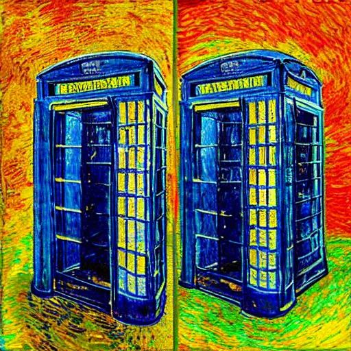 Prompt: a blue english phone booth exploding in space, impressionism, in the style of van gogh