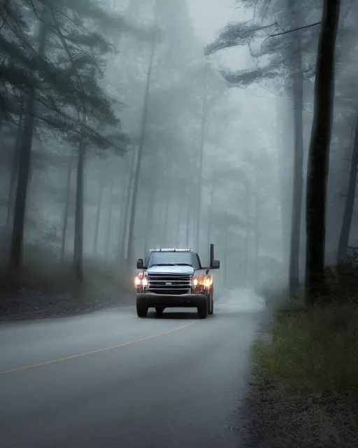 Prompt: a ford truck driving on a winding road through a ghostly, foggy, ominous, forest, faint outlines of ghosts. By Makoto Shinkai, Stanley Artgerm Lau, WLOP, Rossdraws, James Jean, Andrei Riabovitchev, Marc Simonetti, krenz cushart, Sakimichan, trending on ArtStation, digital art.