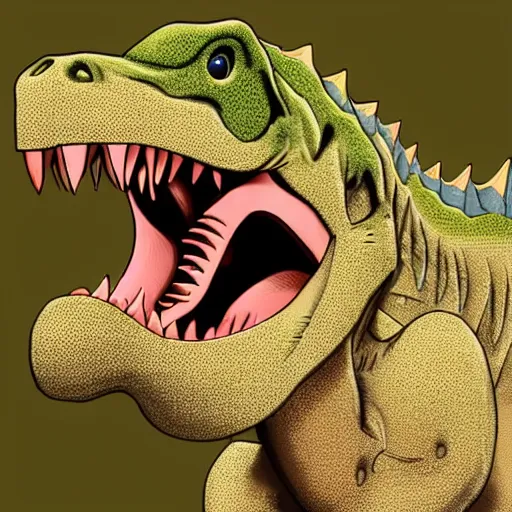 Prompt: a dinosaur screaming because his teeth is broken