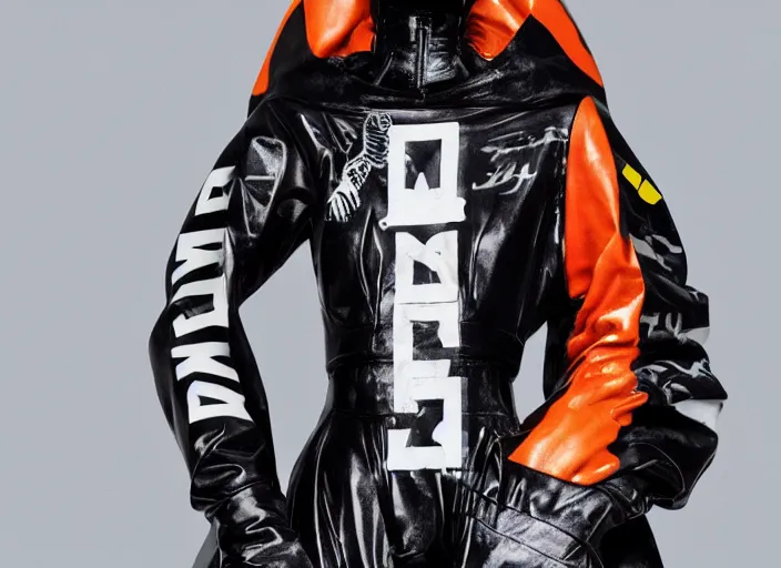 Image similar to black marble statue of a beautiful woman with colorful motocross logos in the style of virgil abloh, very very beautiful, detailed, off white, heron preston, 8 k, 4 k, detailed, beautiful, symmetrical, vogue, editorial, fashion, magazine, model