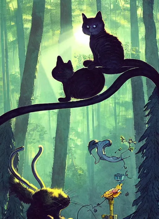 Image similar to a hyper realistic ink cat alien technology and sunbeams blue sky, lush forest foliage painting by chiara bautista and norman rockwell and greg rutkowski weta studio, and lucasfilm