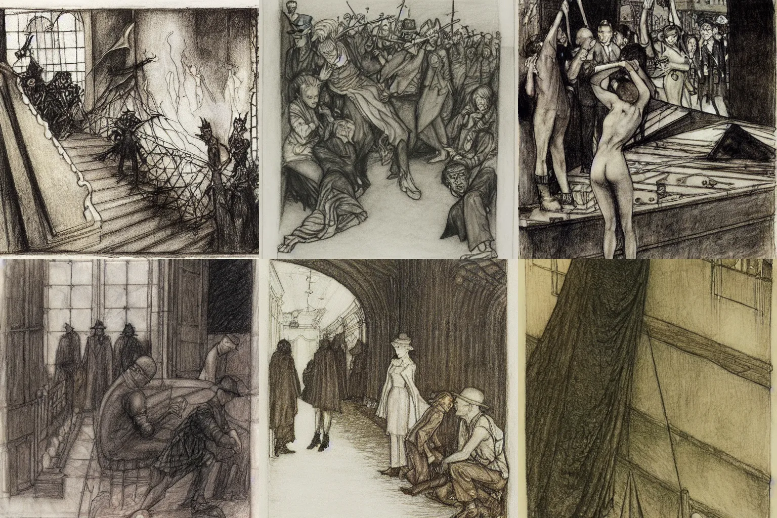 Prompt: a metaphor for the division and destruction of social order, pencil drawing by arthur rackham, edward hopper and milo manara