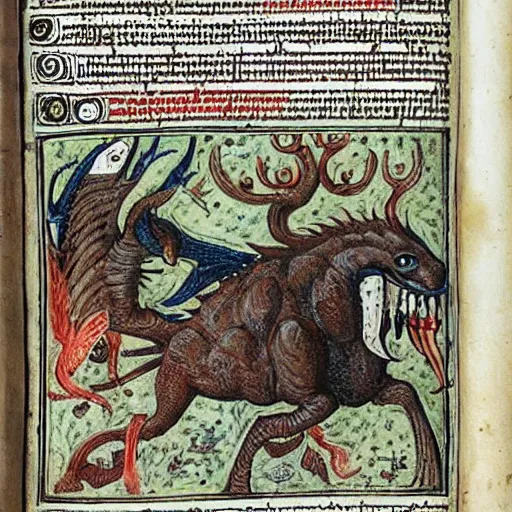 Image similar to medieval bestiary filled with uncanny grotesque beasts and freaky creatures