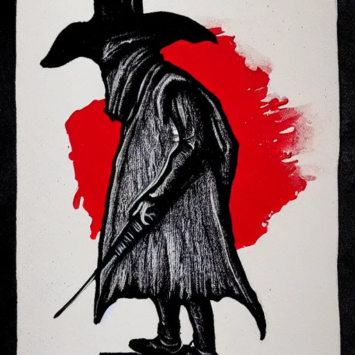 Prompt: etching of a plague doctor, black and red