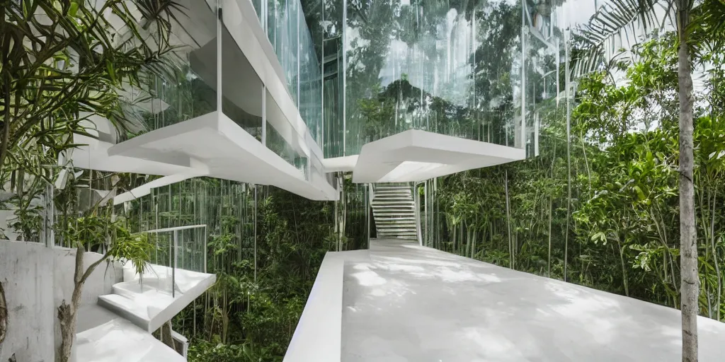 Prompt: A beautiful nature meets architecture building by Bawa, in a tropical forest, volumetric lighting,, luxury, clear glass wall, white concrete, deck, railing, external staircases, terrace, high detail, cinematic, archdaily, high resolution