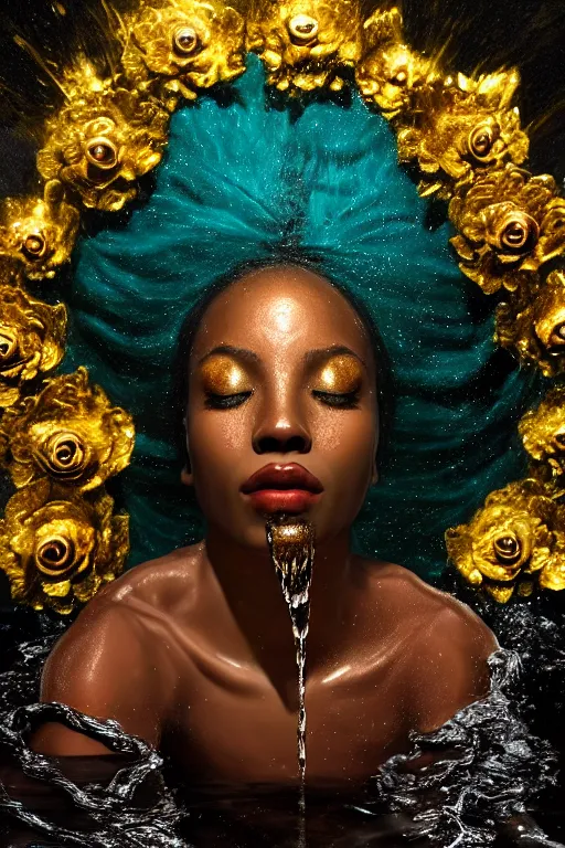 Image similar to hyperrealistic post rococo cinematic very expressive! black oshun goddess, open eyes, in water up to her shoulders, mirror dripping droplet!, gold flowers, highly detailed face, digital art masterpiece, smooth eric zener cam de leon dramatic pearlescent teal light, ground angle uhd 8 k, sharp focus