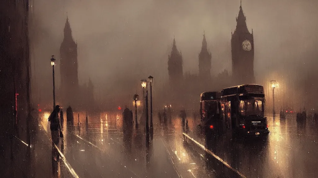 Prompt: rainy night in london, greg rutkowski