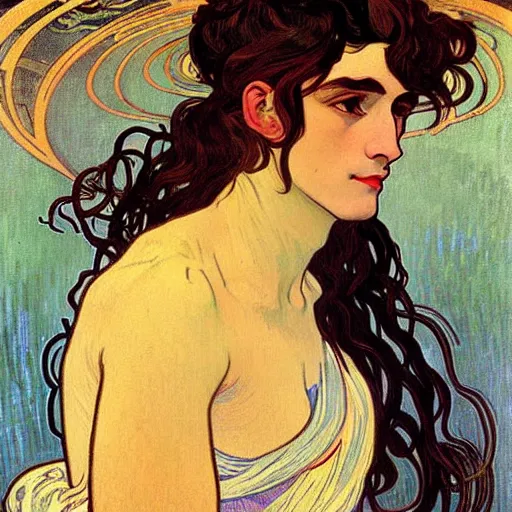 Prompt: painting of handsome beautiful dark medium wavy hair woman in his 2 0 s, dressed as an oracle, foreseeing the future, elegant, clear, painting, stylized, delicate, soft facial features, art, art by alphonse mucha, vincent van gogh, egon schiele