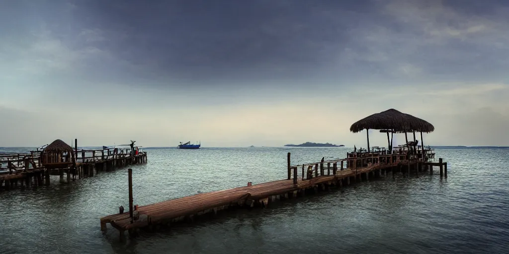 Image similar to jetty at pulau indah village, boat in foreground, early morning, detailed matte painting, low angle view, telephoto lens, bokeh, studio ghibli, artstation