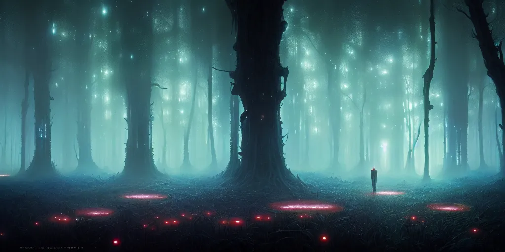 Image similar to strange alien forest, glowing fungus, misty, blue glowing horizon, millions of fireflies, ultra high definition, ultra detailed, symmetry, sci - fi, dark fantasy, by greg rutkowski and ross tran