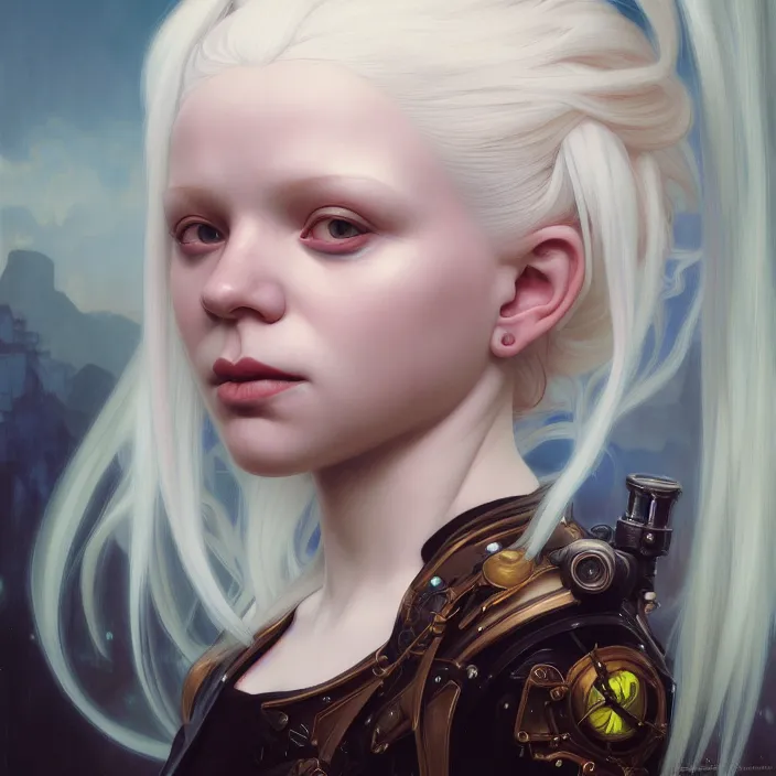 Prompt: excellent painted portrait of a albino girl with white hair, steampunk art, character artwork, 8k resolution artwork, trending on artstation, detailed oil painting portrait, art by artgerm and greg rutkowski and alphonse mucha and craig mullins and James Jean and Andrei Riabovitchev and Marc Simonetti and peter mohrbacher, matte painting