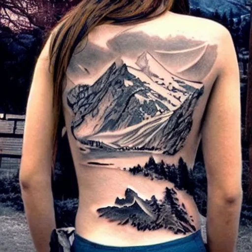 Image similar to double exposure tattoo sketch of megan fox with beautiful mountain scenery, hyper - realistic, in the style of den yakovelev, amazing detail, sharp