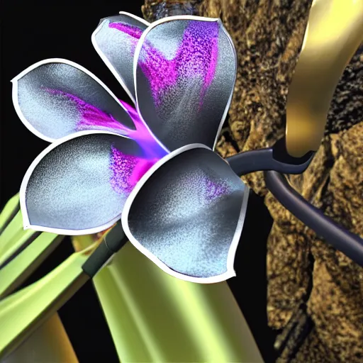 Image similar to a cybertronic, metallic, reflective orchid flower, unreal engine