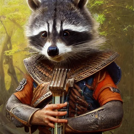 Image similar to humanoid racoon bard wearing tunic holding instrument, d & d, closeup portrait, art by donato giancola and greg rutkowski, vintage retro, realistic face, digital art, trending on artstation, symmetry!!