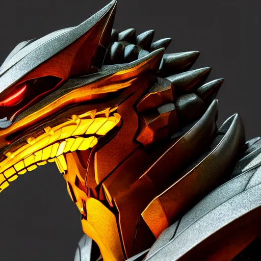 Image similar to stunning headshot of a beautiful anthropomorphic robot female dragon, with smooth and streamlined armor, standing and posing elegantly, well detailed dragon head with epic detailed LED eyes maw, sharp and dangerous sleek design, two arms, beautiful digital art, artstation, DeviantArt, FurAffinity, professional, depth of field, close-up, hd, octane render, sunset lighting