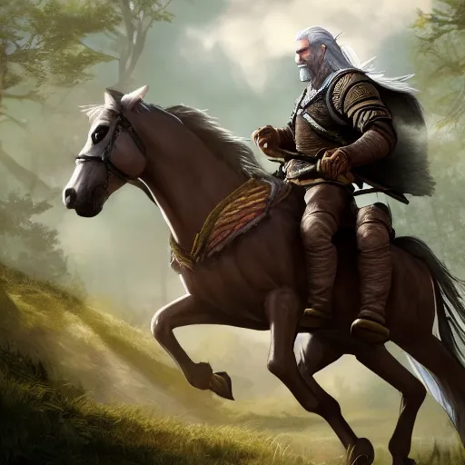 Prompt: Geralt of Rivia riding a horse in forest, 4k, artstation, cgsociety, award-winning, masterpiece, stunning, beautiful, glorious, powerful, fantasy art