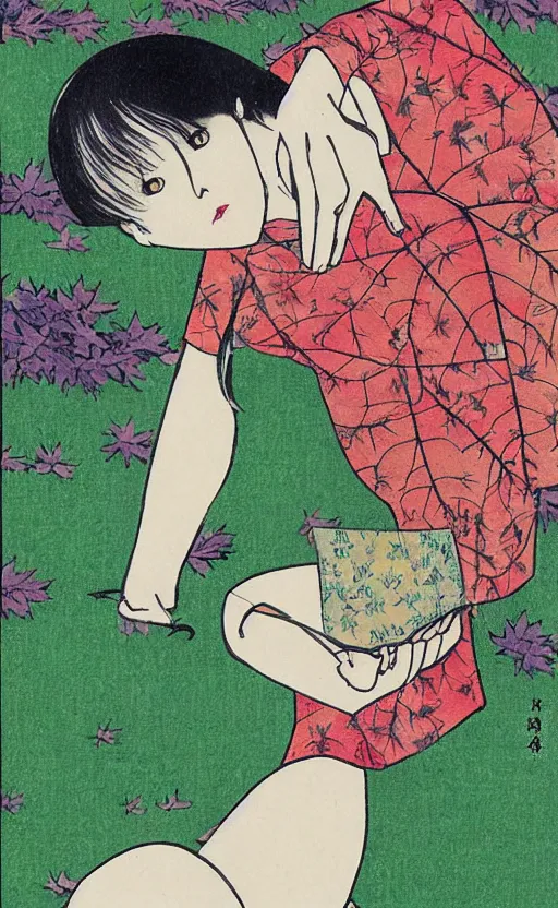 Prompt: by akio watanabe, manga art, a sit girl looking at the falling maple leafs in grass, trading card front, kimono, realistic anatomy