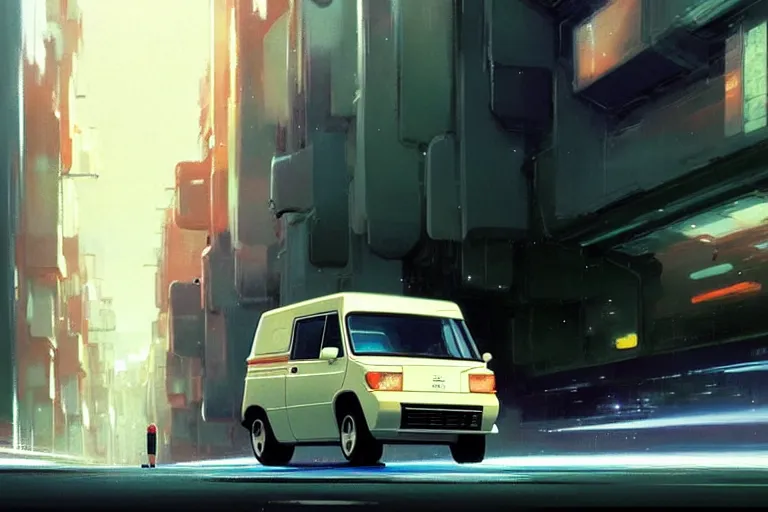 Prompt: honda e kei van, painted by greg rutkowski makoto shinkai takashi takeuchi studio ghibli, akihiko yoshida 2 0 0 1 space odyssey