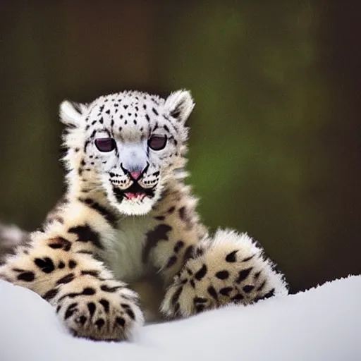 Prompt: very very very very very cute chibi baby snow leopard, portrait, pixar style, forest background, cinematic lighting, award winning creature portrait photography