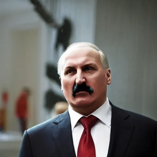 Prompt: Alexander Lukashenko as the American Psycho, staring psychopathically, sweating hard, holding an axe, covered in blood, cinematic still