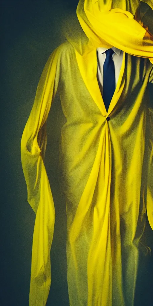 Image similar to faceless man in a yellow suit, hidden behind torn cloth swirling violently