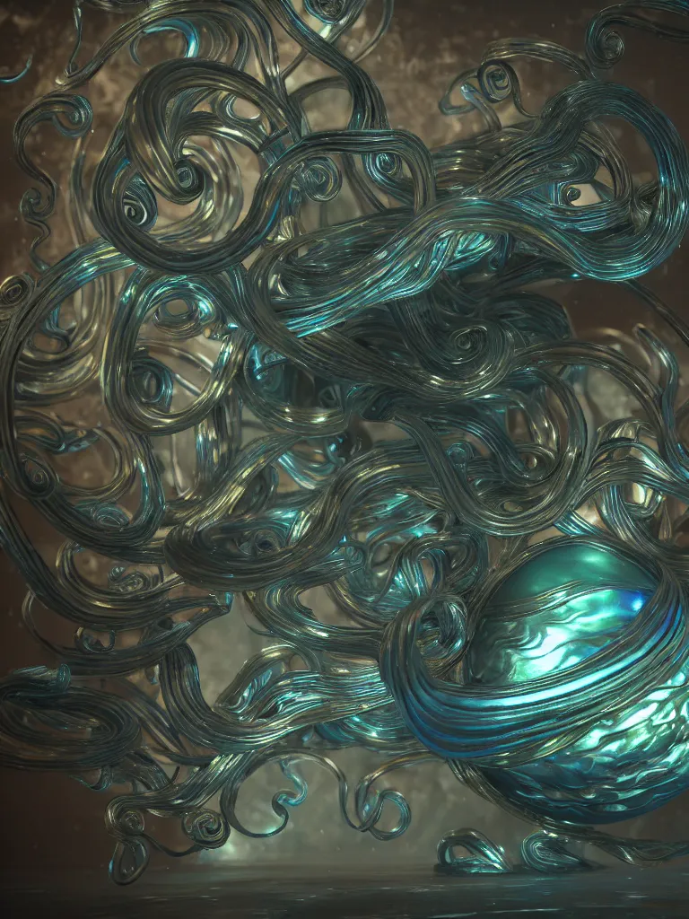 Prompt: nautilus, metallic, iridescent, tentacles, surreal, Octane Render, Unreal Engine