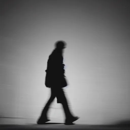 Image similar to a lonely shadowy figure at night, black and white, long exposure, motion blur, 3 5 mm