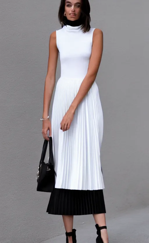 Prompt: Woman in White Sleeveless turtleneck t-shirt and black pleated skirt