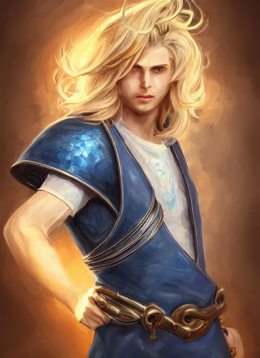 Image similar to a highly detailed illustration of long wavy bright blonde haired effeminate boy wearing blue blacksmith apron and iron mechanical arms, blue eyes, dramatic smiling pose, intricate, elegant, highly detailed, centered, digital painting, artstation, concept art, smooth, sharp focus, league of legends concept art, wlop