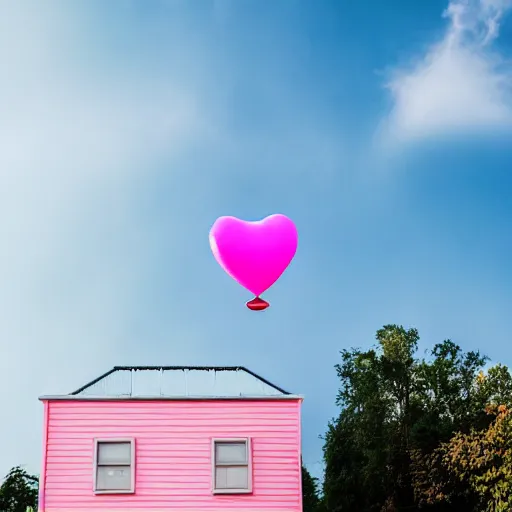 Image similar to a 5 0 mm lens photograph of a cute pink floating modern house, floating in the air between clouds, inspired by the movie up, held up from above by a heart - shaped ballon. mist, playful composition canon, nikon, award winning, photo of the year