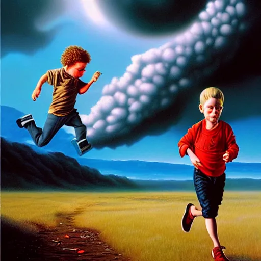 Image similar to a running child disappearing, vapor, mist, smoke, blood, scissors in hand, a detailed matte painting by Jason Edmiston, John Philip Falter