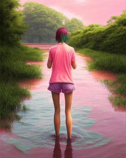 Image similar to a girl dressed in a green shirt and pink shorts walks along train tracks stretching out toward the horizon that are submerged under a few inches of water in a wide pool of water, intricate, elegant, highly detailed, digital painting, artstation, concept art, smooth, sharp focus, illustration, art by artgerm and greg rutkowski and fra angelico