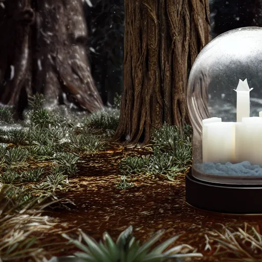 Image similar to Snow globe, candles, Gustav Klutsis, octane render, Fallout, Pietro Fragiacomo, Legend of Zelda, mist, snow, pine tree, Aloe vera, swamp, dollar bill, shed