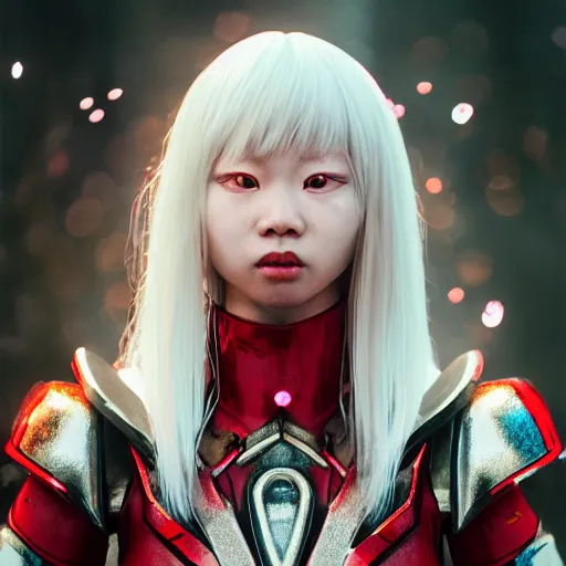 Image similar to beautiful albino Asian girl red and white armor, unreal engine octane, colorful, portrait, gliter, depth of field, 8k, epic light