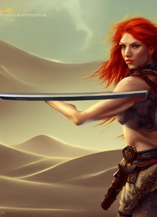 Prompt: Redhead female fighter with katana in desert, fantasy, medieval, vivid colors, fantasy, elegant, concept art, sharp focus, beautiful face, digital art, Hyper-realistic, 4K, Unreal Engine, Highly Detailed, HD, Dramatic Lighting by Brom, trending on Artstation