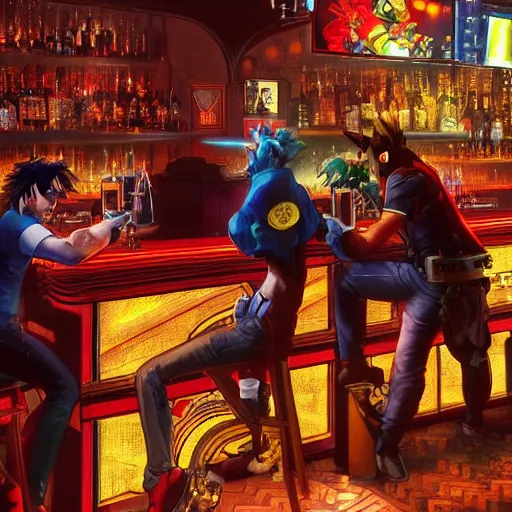 Image similar to an ultra detailed illustration of shadow the hedgehog and bowser sitting in a bar drinking beer, dive bar with a karaoke machine, volumetric lighting, 4 k, octane render, art by greg rutkowski and alphonse mucha and andreas rocha and albert bierstadt