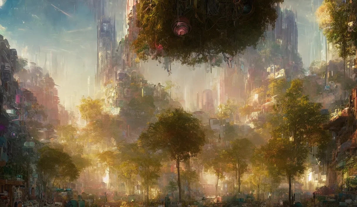 Prompt: digital illustration of a bright solarpunk utopian city landscape by greg rutkowski and jmw turner, colorful trees, light skyscrapers with beautiful plants and colorful flowers, puffy clouds, 1 3 mm film, anamorphic lens, trending on artstation
