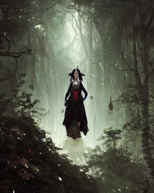 Image similar to a anya taylor joy as dnd elf with black hair black dress as pathfinder in a nebula forest by greg rutkowski, high key lighting, volumetric light, digital art, highly detailed, fine detail, intricate, ornate, complex, octane render, unreal engine, photorealistic digital painting, artstation, concept art, sharp focus, art by greg rutkowski and alphonse mucha