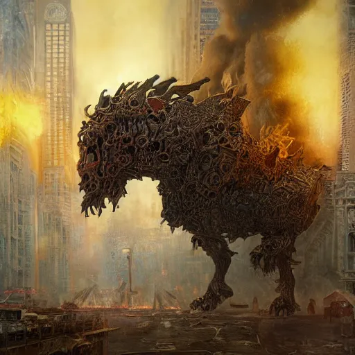 Prompt: gigantic quadruped creature walking through the center of a burning city with very tall buildings, extreme detail, abstract realism, highly ornate intricate details, 1 9 2 0's colored pencil, 4 k, cinematic lighting,